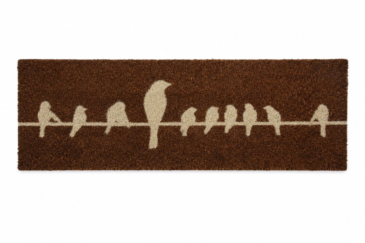 NIPT Kokos deurmat vogels op draad – 75 x 25 cm – Antislip PVC onderkant – Bruin