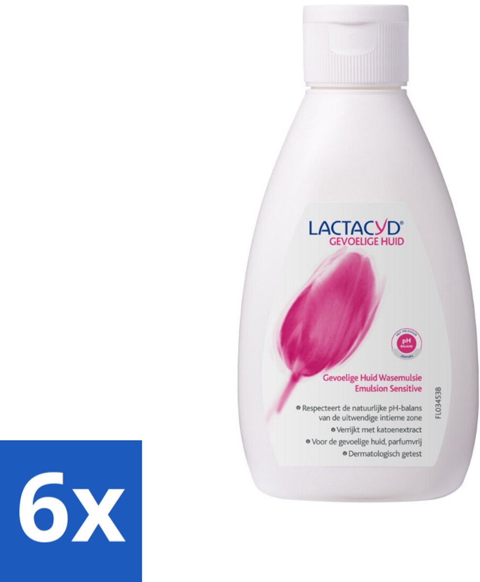 6 x Lactacyd – Sensitive – Extra Mild – 200 ml - Gevoelige Huid - Wasemulsie - Intieme Verzorging - Melkzuur - Katoenextract