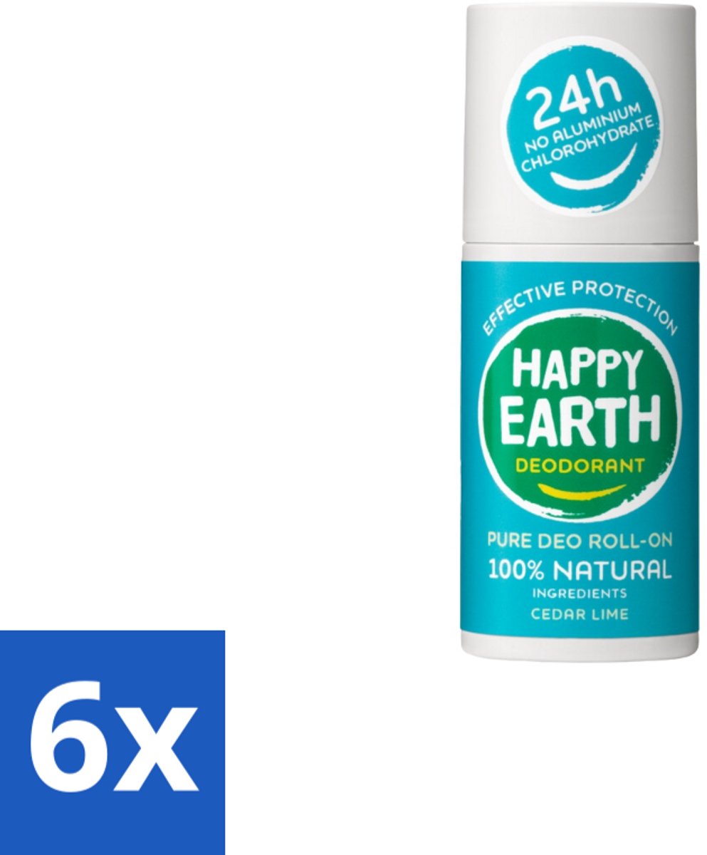 6 x Happy Earth – Deodorant Roll-On – 100% Natuurlijk Cedar Lime – 75 ml - Deodorant - Natuurlijke Deodorant - Cederhout - Limoen - Fris