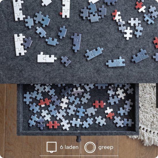 Grijze vilten puzzelplaat met lade, 6 lades en handgrepen voor het sorteren van puzzelstukjes.