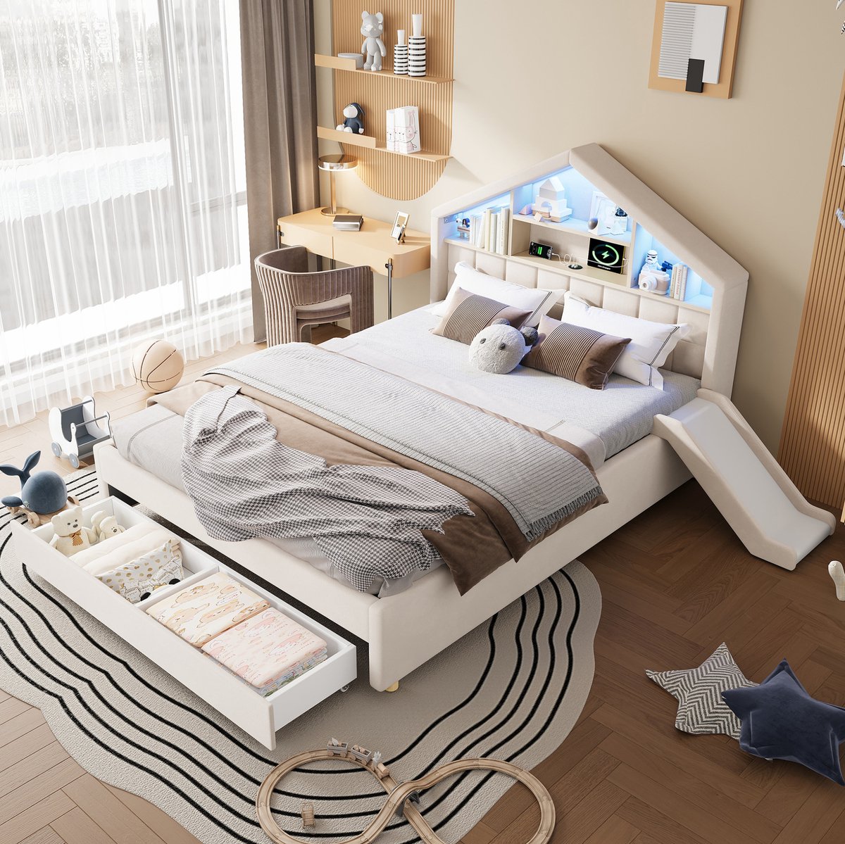 COVREO Bed 140x200 cm beige, gestoffeerd huisbed met glijbaan en opbergruimte