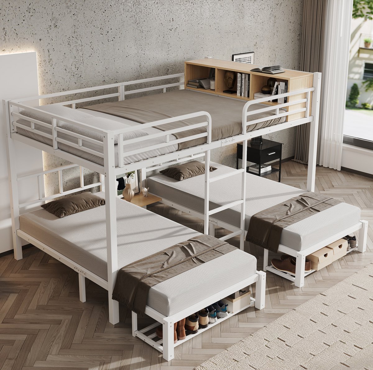 COVREO Stapelbed 239x208x161 cm wit en naturel, metaal en hout, 3 slaapplaatsen