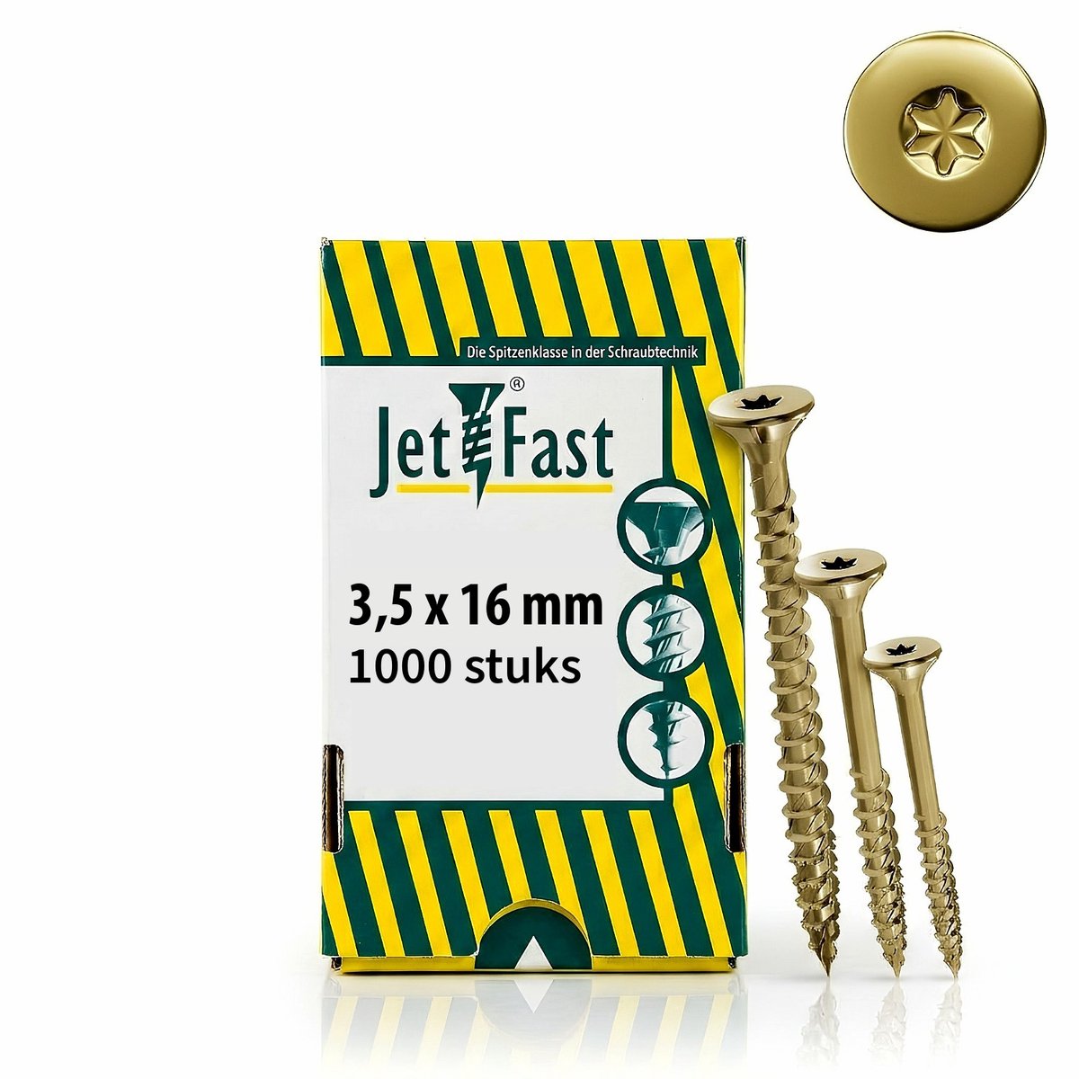 Jet-Fast Houtschroeven 3,5 x 16 mm Geel Verzinkt TX20 - Universele Torx Schroeven met Voldraad - 1000 Stuks