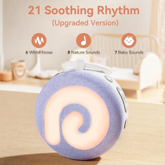 Verte White Noise Machine - D11 Draagbaar Slaaphulpmiddel Voor Baby’s Met Nachtlampje - Witte Ruis En 11 Rustgevende Geluiden Voor Tijdens Het Slapen En Op Reis - Via USB Oplaadbaar - Kinderveilig (Paars) van Verte — afbeelding 2