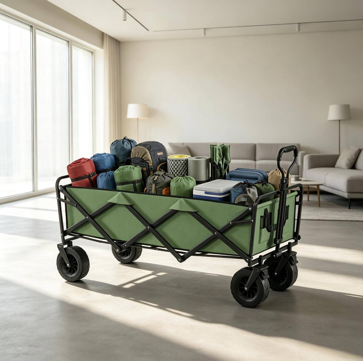 OKWISH Tuinkar – Opvouwbare Tuinkar 130 L – Met Remmen, Verstelbare Duwstang & 4 Wielen – Voor Tuin, Erf & Verplaatsing – Metaal – Groen