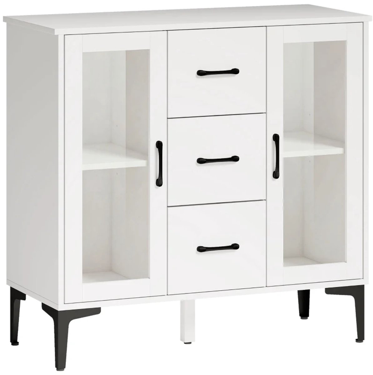 Dressoir - Modern - Opbergkast Met Zachtsluitende Deuren - Buffetkast Met 3 Laden En 2 Glazen Deuren - Verstelbare Planken - MDF - Wit