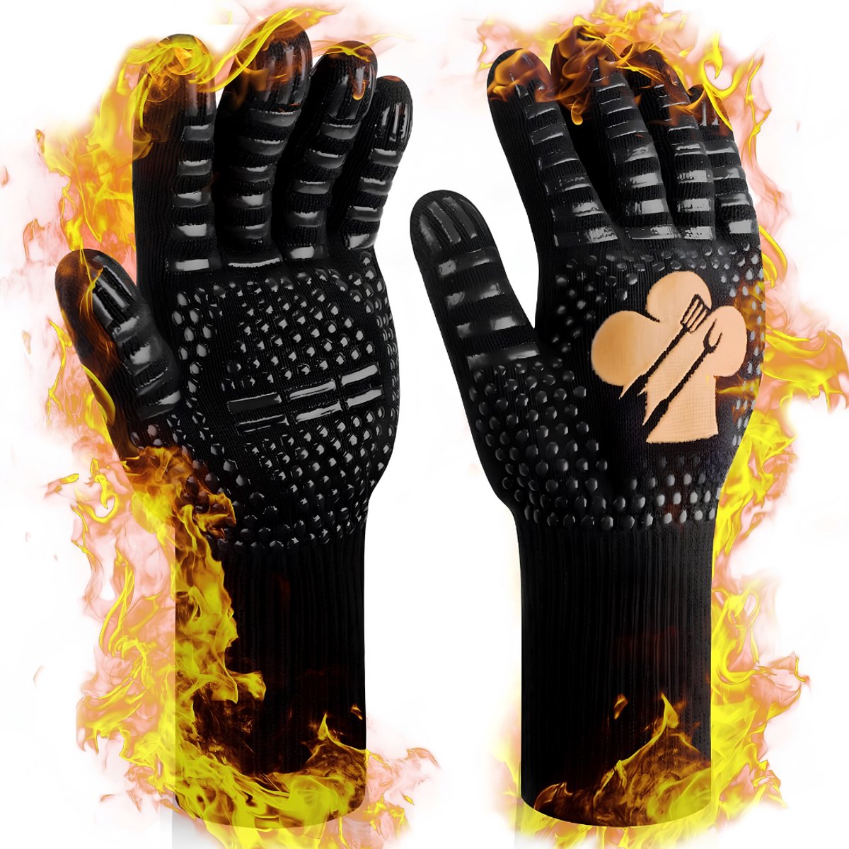 Lìon® Handschoenen - Vuurvaste Handschoenen - BBQ Handschoenen Hittebestendig - Zwart/Goud - 32cm x 11cm x 13cm