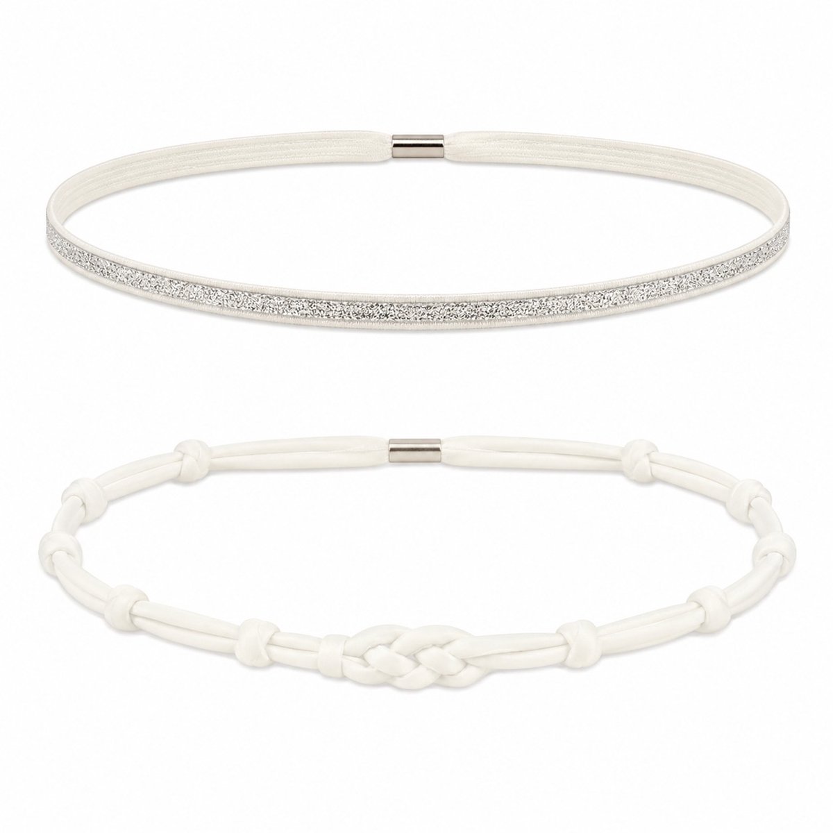 Haarsoires Haarband Sport 1cm - Glitter - Dun Effen Geknoopt – Zilver Wit - Set van 2 - Sporthaarband - Sportieve Hoofdband - voor Dames & Heren