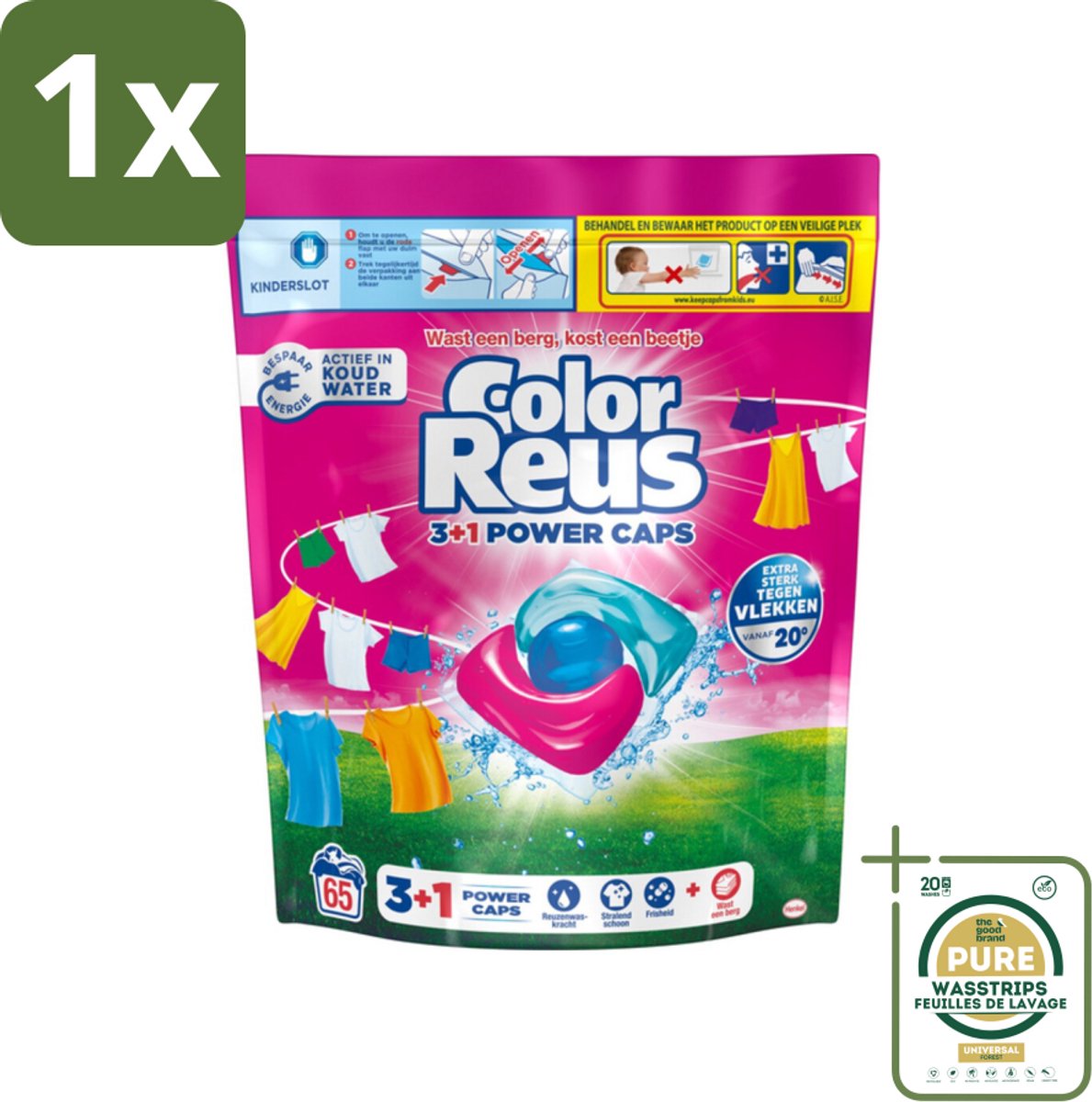 1 x Color Reus - 3+1 Power Caps - Gekleurde Was - 65 Wasbeurten- Gekleurde Was - Kleurbehoud - Vlekverwijdering - Reus Power Caps - Wasresultaten