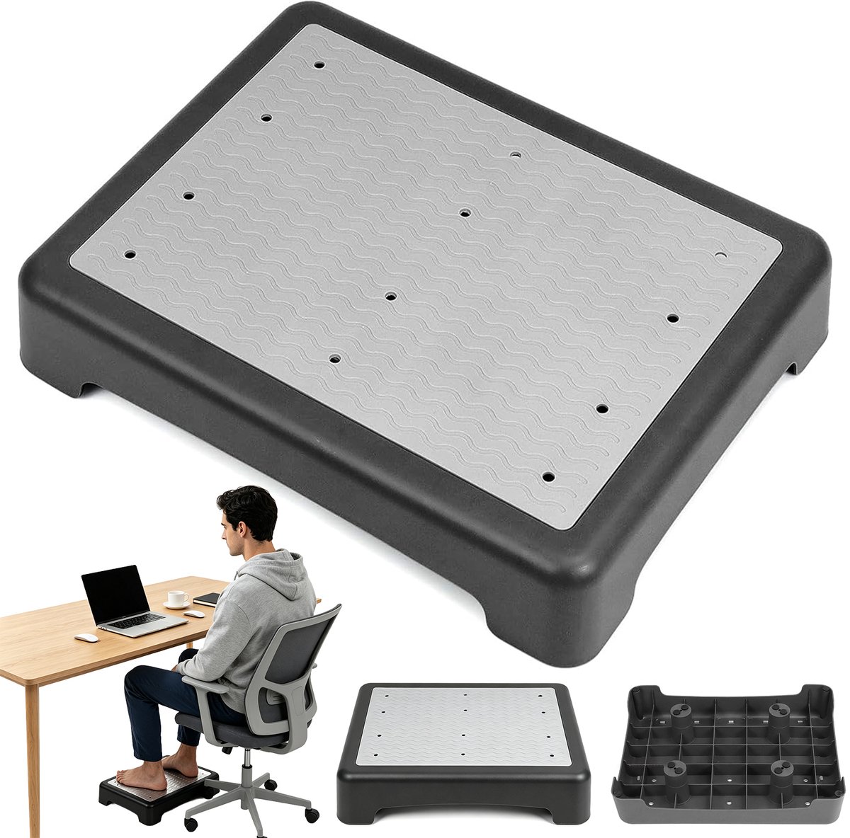 Ergonomische Voetensteun - Voetensteun Bureau - Voetenbankje Ergonomisch - Bureau Accessoires - Golfstructuur - Voetdrukverlagend - Antislip & Stabiel - Office Voetenbank - Onder Bureau & Studie - Voor Kantoor & Thuis & Studie - Zwart / Grijs