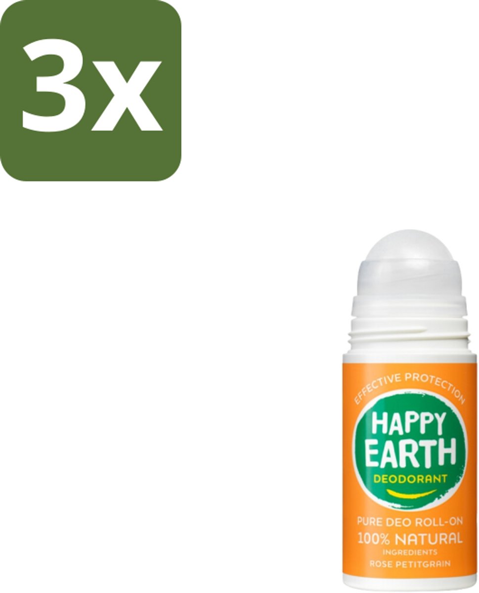 Happy Earth – Deodorant Roll-On – 100% Natuurlijk Rose Petitgrain – 75 ml - Bulkverpakking - 3 stuks