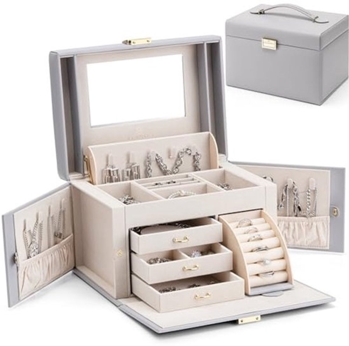 Elegante Sieraden Organizer Met Spiegel en 3 Laden voor Meisjes en Vrouwen