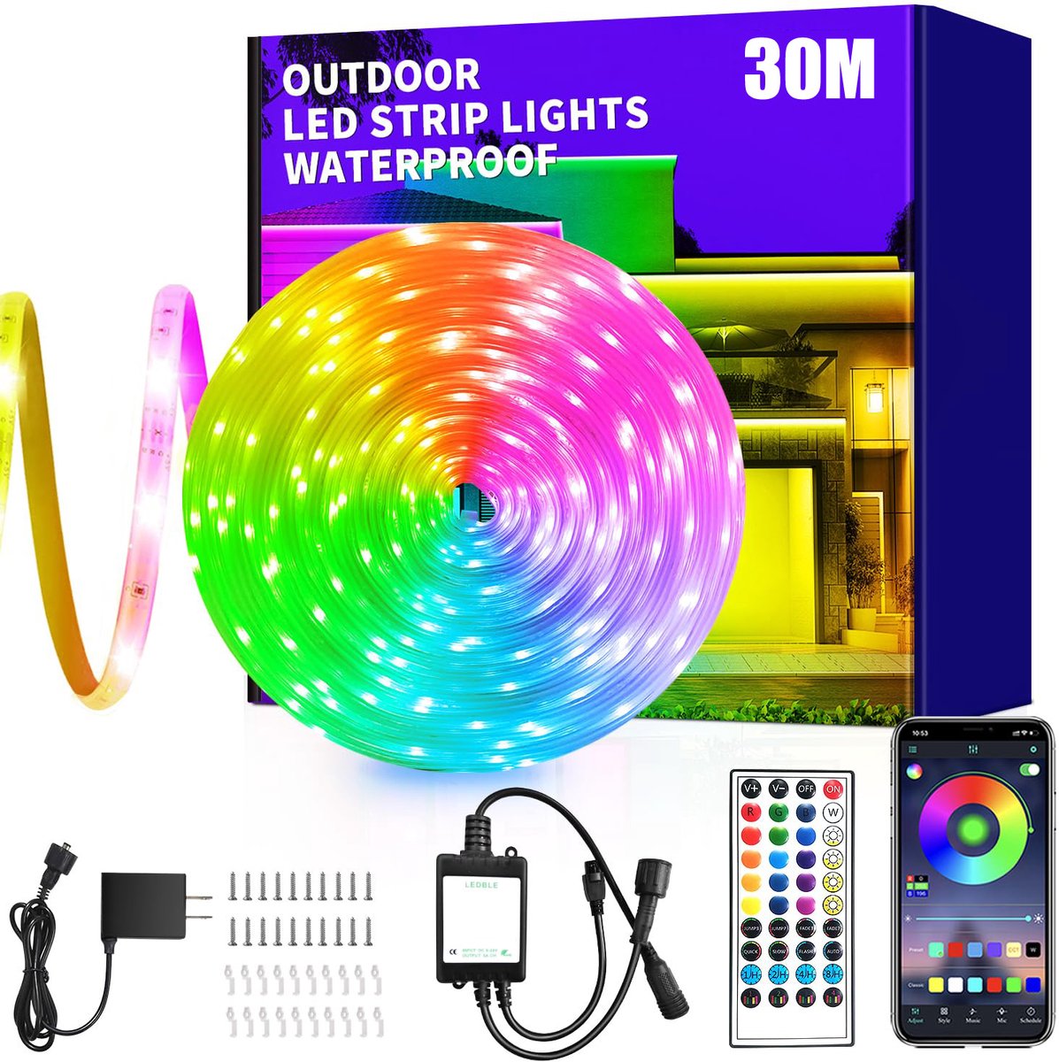 Led strip 30 m - Ledstrips voor buiten met app/afstandsbediening - Muzieksynchrone RGB ledstrip voor buiten - IP68 waterdicht - voor slaapkamer, dak, tuin, trap, feesten