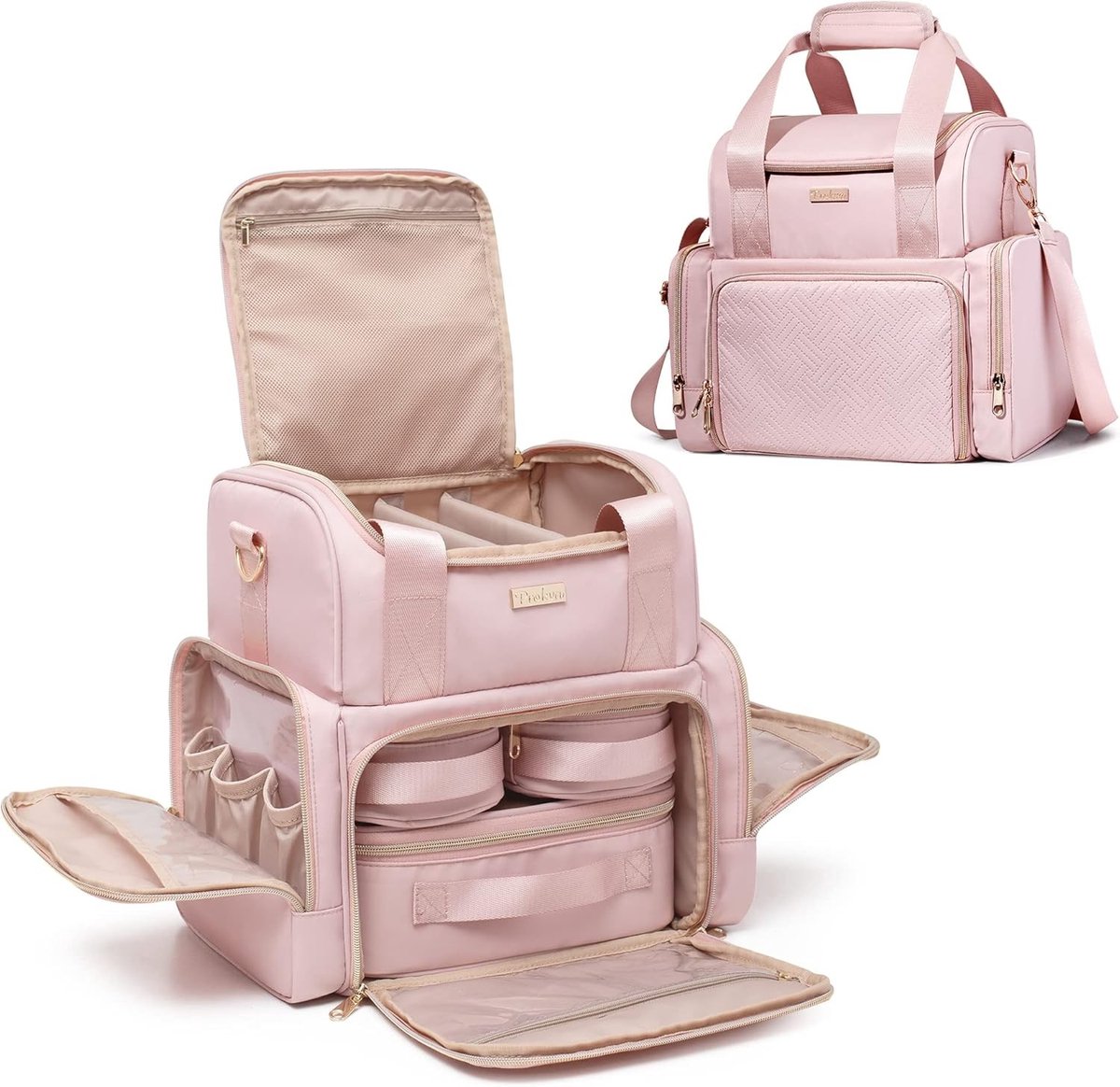 Grote cosmetische tas met 3 binnenvakken, dubbele laag make-up organizer met ruimte voor kwasten, roze kleur