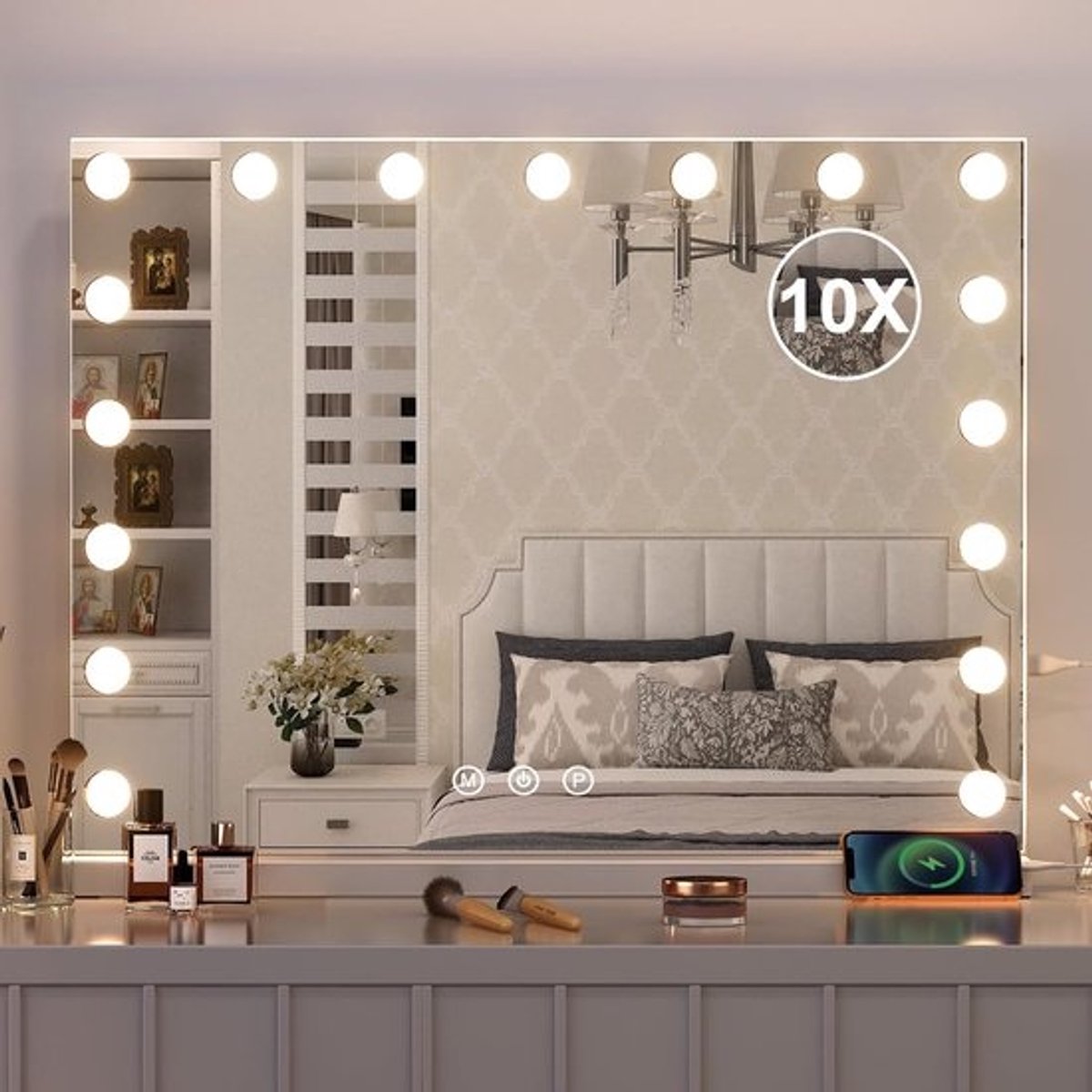 Hollywood Spiegel met Verlichting en USB-aansluiting 10x Vergroting - 60x52.5 cm make up tafel