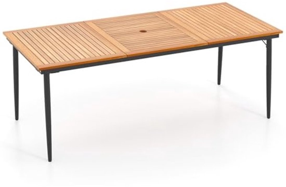 Tuin tafel met parasol gat - 200 x 90 x 75 cm, Acacia Hout Eettafel voor 8 Personen, Rechthoekige Tuin Tafel met Metaal Frame