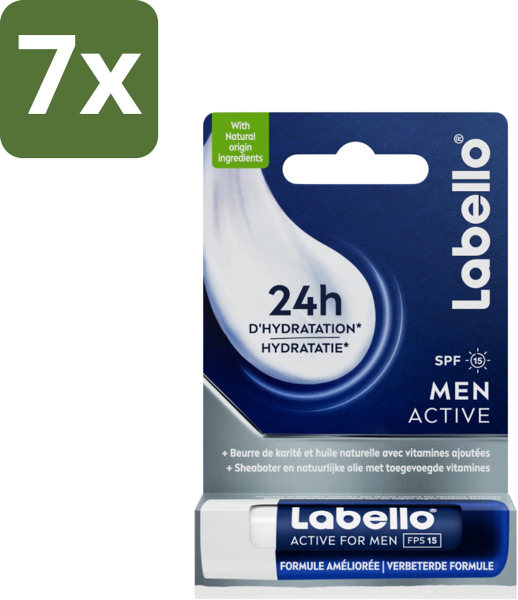 Labello – Lippenbalsem – Active For Men – SPF 15 – 4,8 g - Bulkverpakking - 7 stuks