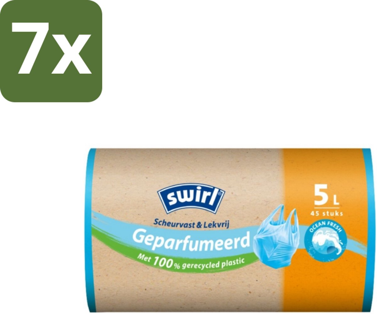 Swirl – Pedaalemmerzakken – Geparfumeerd Ocean Fresh – 5 L – 45 zakken - Bulkverpakking - 7 stuks