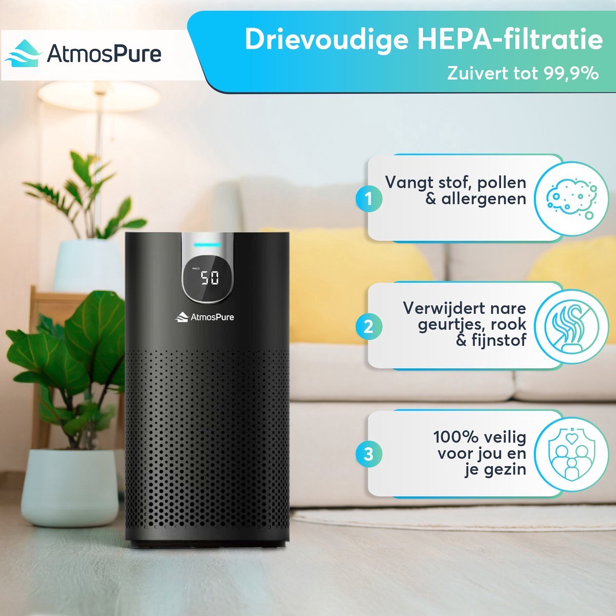 AtmosPure® CleanAir Luchtreiniger - Air Purifier met vervangbaar HEPA 13 Koolstof filter + Extra filter - CADR 250 m³/h - Zwart - Voor 98 m² - Werkt tegen huisstofmijt, hooikoorts, allergie, -3 standen + stille slaapstand - Luchtkwaliteit Sensor thumbnail 5
