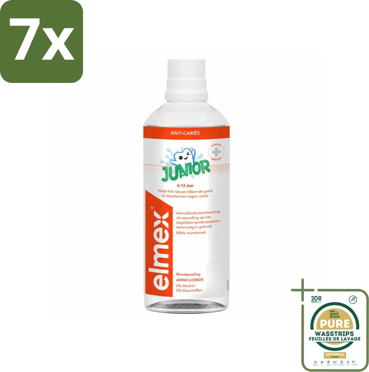 7 x Elmex Mondspoeling Junior (5-12 Jaar) 400 ml - Grootverpakking - Tandspoeling Voor Jongeren - Gaatjesbescherming - Aminfluoride - Beugelbescherming - Alcoholvrije Mondspoeling