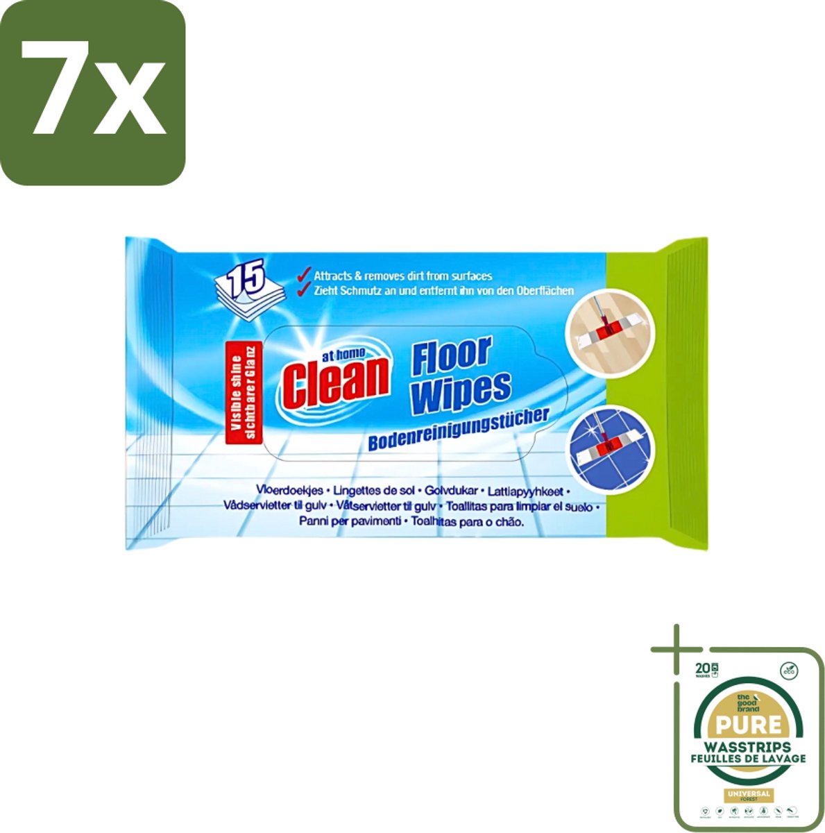 7 x At Home - Clean - Vloer Reinigingsdoekjes - Reinigt Effectief - 15 Doekjes - Grootverpakking - Vloer Reinigen - Reinigingsdoekjes Vloer - Vuil Verwijderen - Glans Vloer - Schoonmaken Vloer