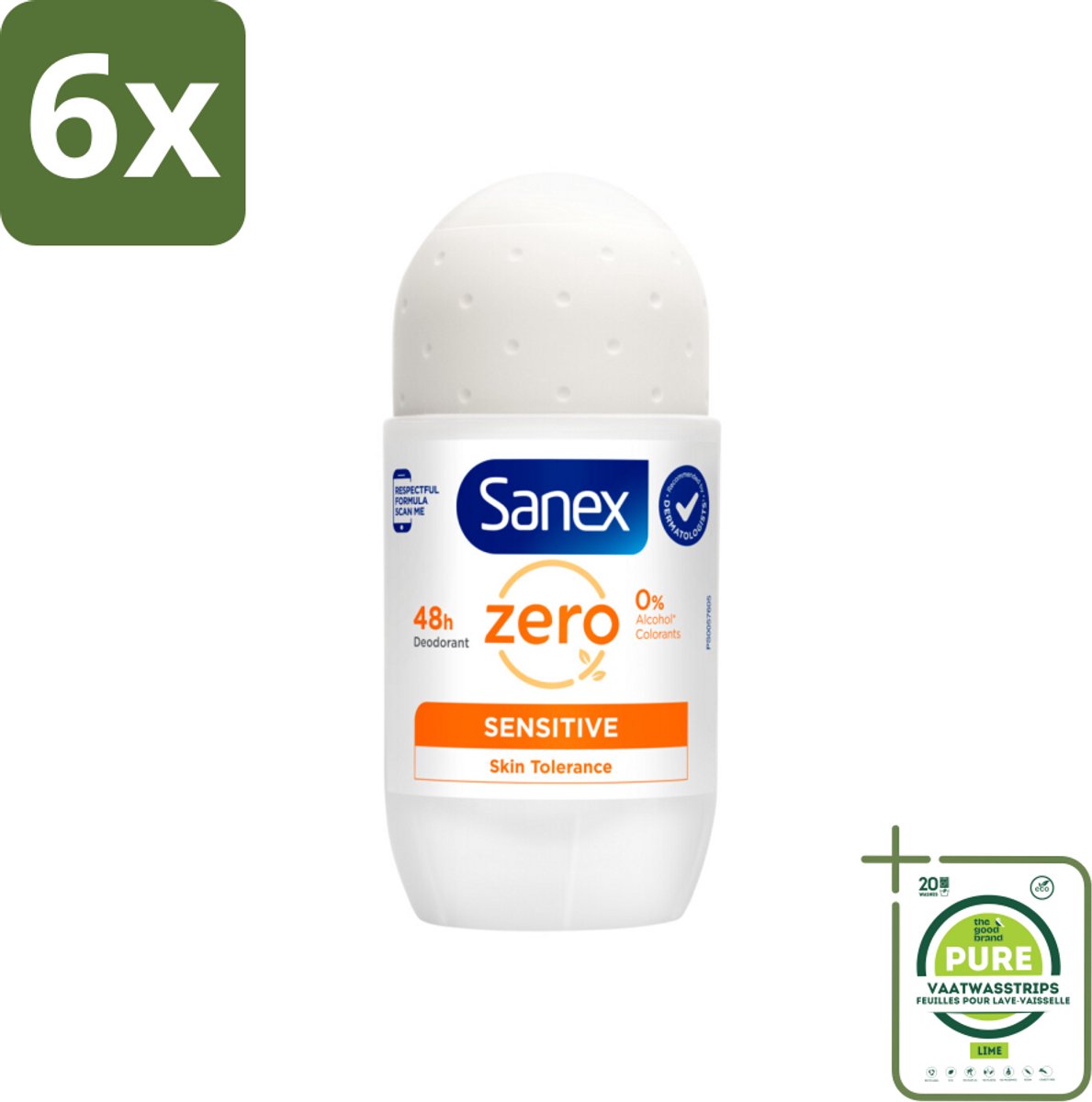 Sanex Deodorant Roller Zero% Sensitive Skin 50 ml - Voordeelverpakking - 6 stuks - Sanex Deodorant Zero% Sensitive - Alcoholvrije deodorant