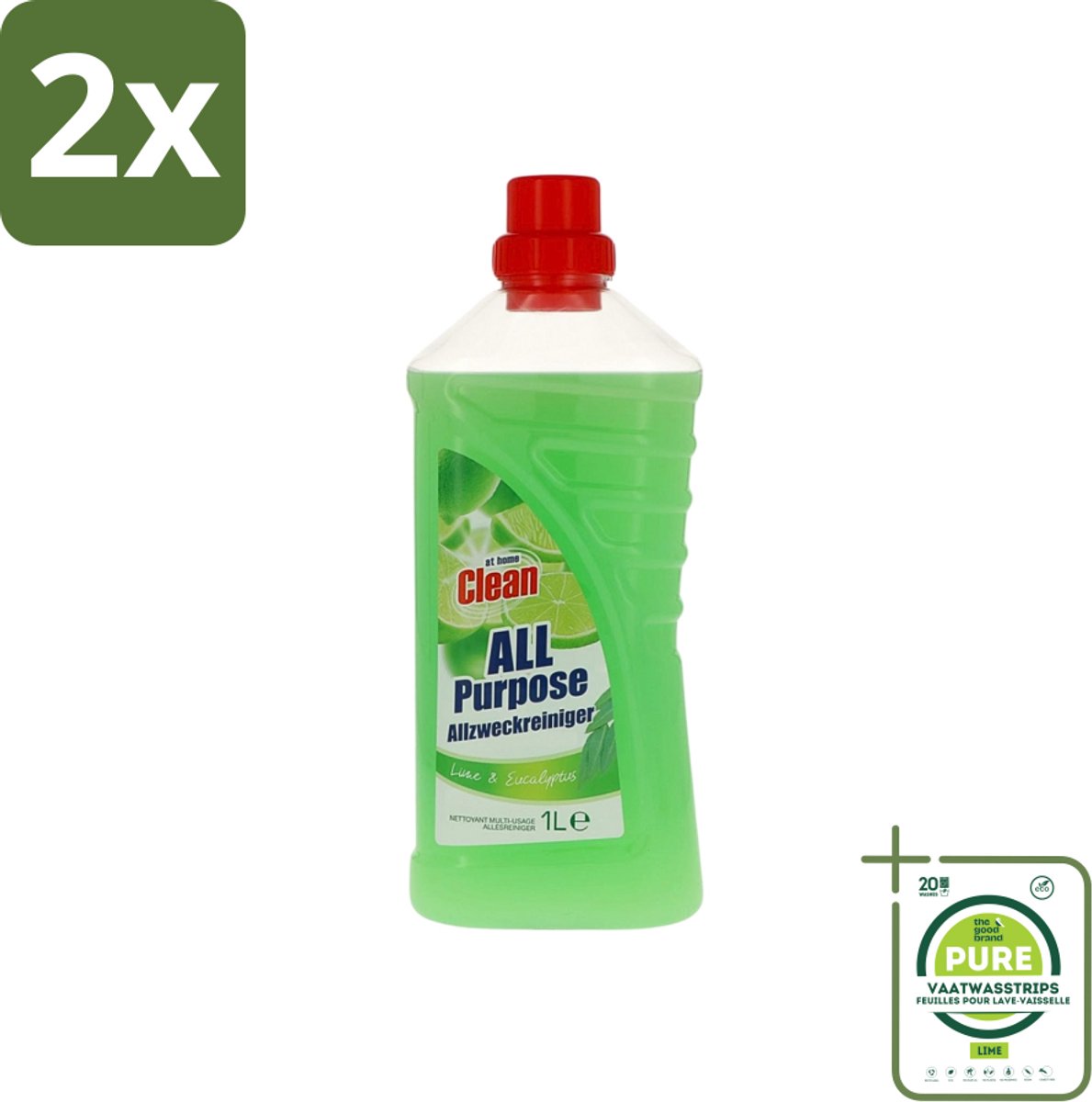 At Home - Clean - Allesreiniger - Limoen & Eucalyptus - 1 L - Voordeelverpakking - 2 stuks - Allesreiniger - Reiniging