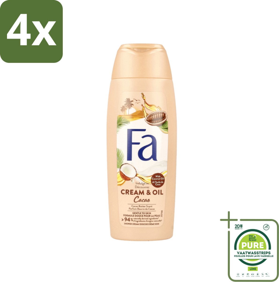 Fa - Douchecrème - Room & Olie Kokosnuss Kakaoboter - Verzachtend & Voedend - 250 ml - Voordeelverpakking - 4 stuks - Douchecrème - Natuurlijke douchecrème