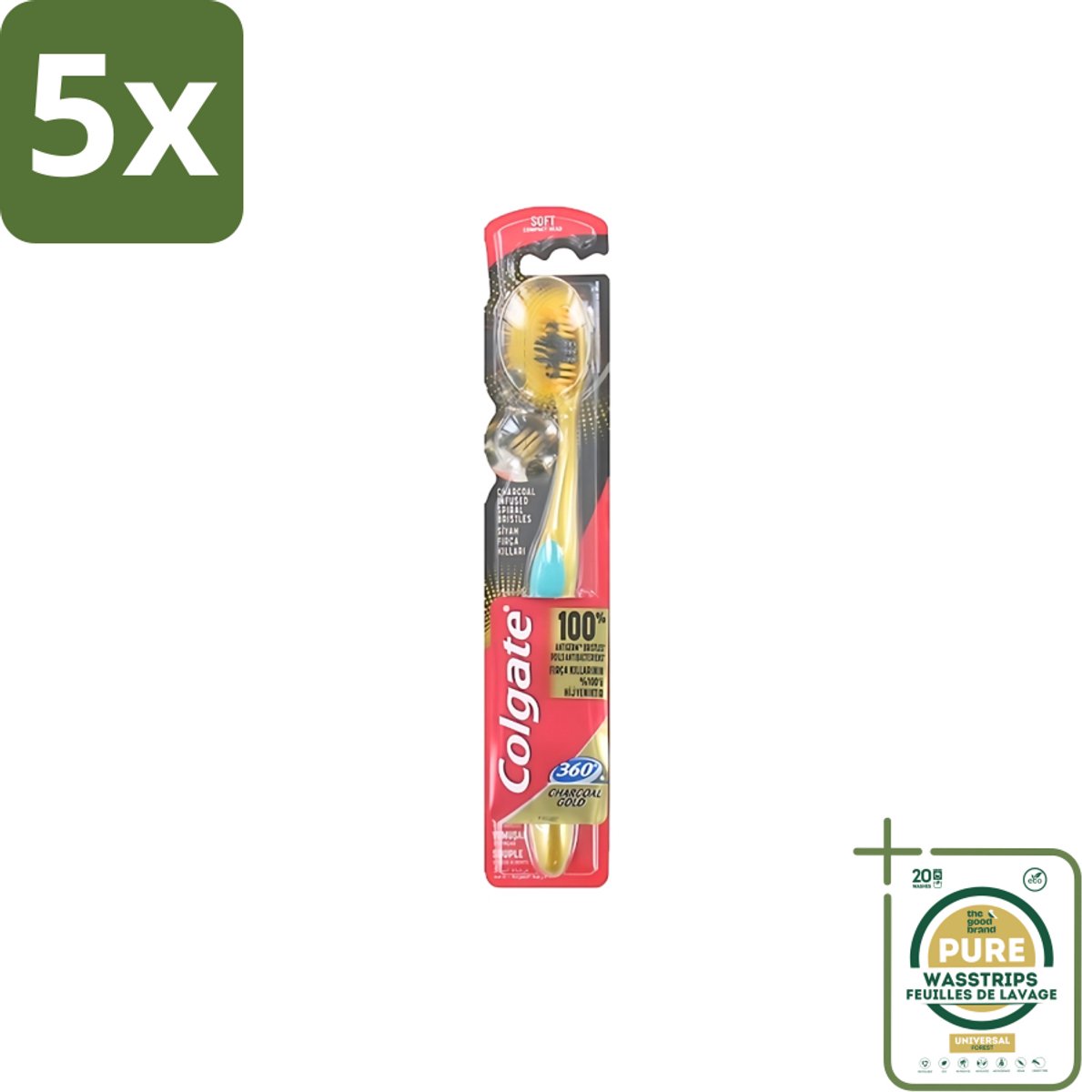 5 x Colgate - Tandenborstel - 360 Charcoal Gold Soft - Zwart/Goud - 1 Tandenborstel - Grootverpakking - Tandenborstel - Houtskool - Tanden Reinigen - Tanden Witter Maken - Tandenborstel Zacht