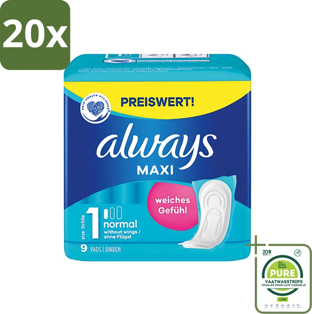20 x Always Maxi - Maandverband - Maat 1 - Normal - 9 Pads - Grootverpakking - Maandverband - Menstruatie - Absorptie - Comfort - Betrouwbaar