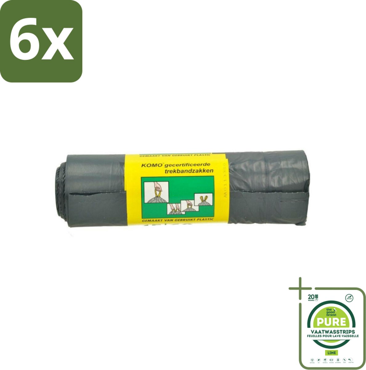 Komo Vuilniszakken Trekband 60L 15 stuks per verpakking - Voordeelverpakking - 6 stuks - Afvalzak 60 l - Trekband afvalzak