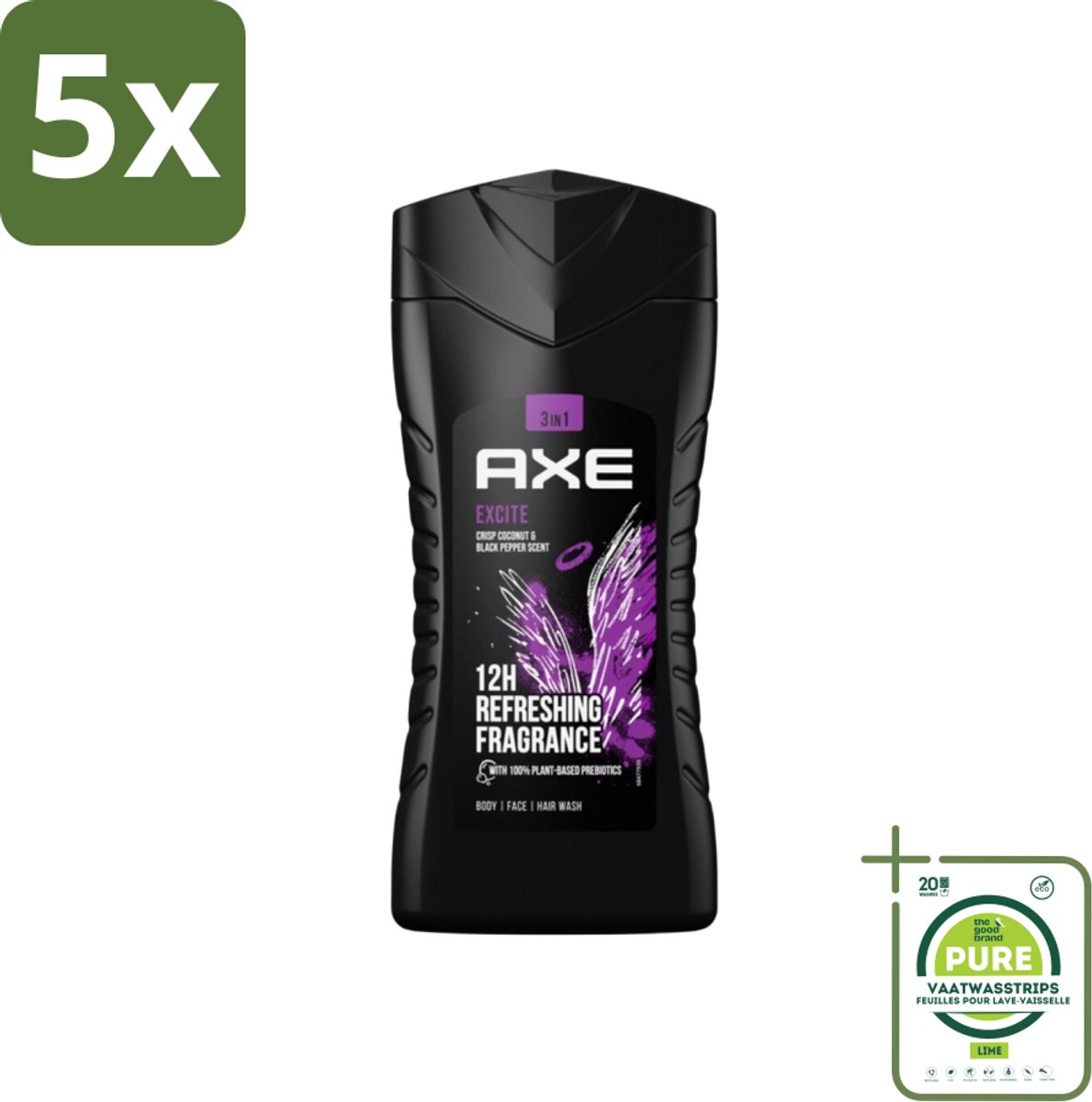 5 x Axe - 3-in-1 Douchegel - Excite - Douchegel - Crisp Coconut & Black pepper - 100% Plantaardig - 250 ml - Grootverpakking - Douchegel Axe - Axe Excite - Kokosnoot En Zwarte Peper - 100% Prebiotica - Douchegel Geur