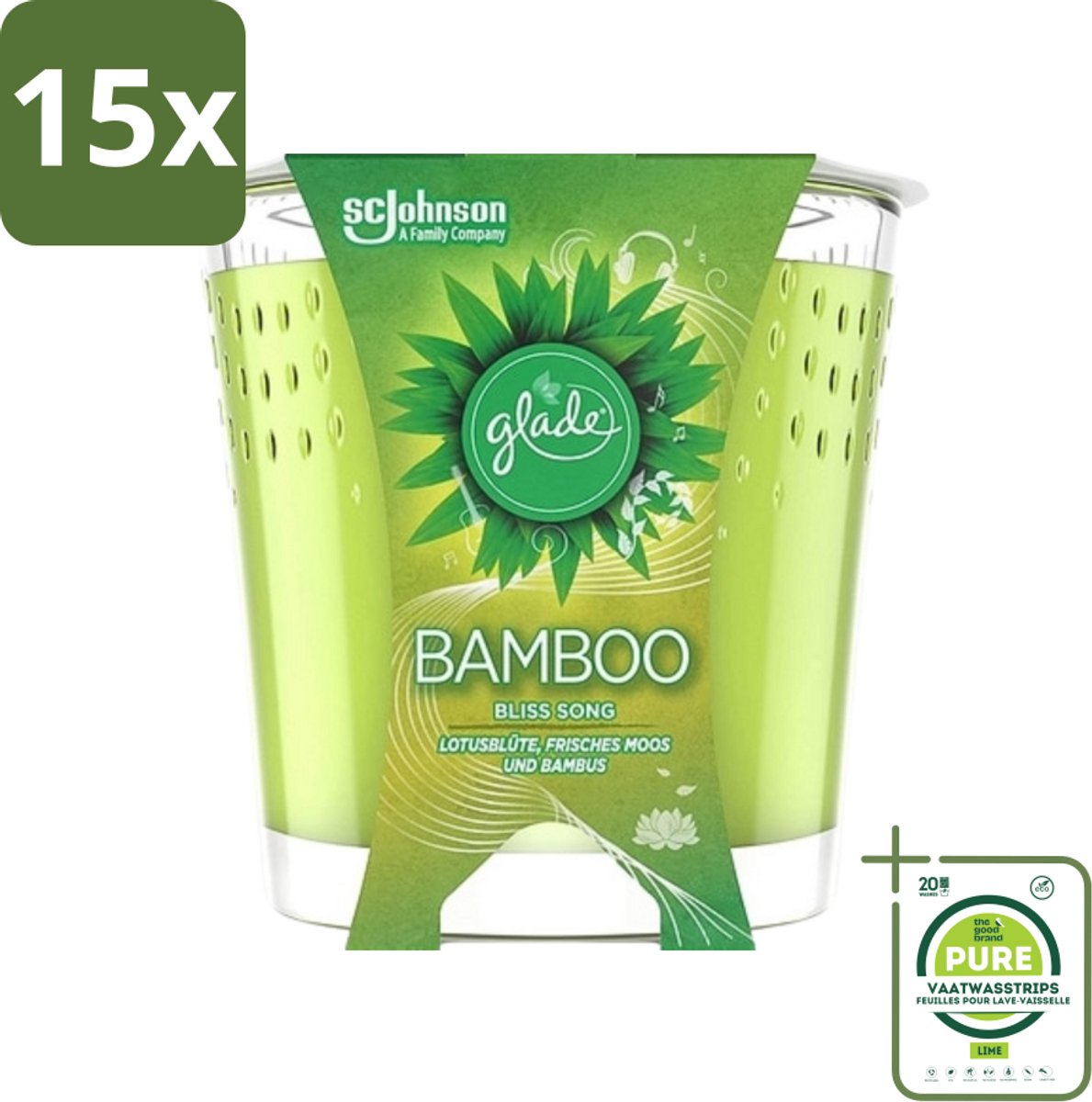 15 x Glade - Geurkaars - Bamboo Bliss Song - Frisse Geur & Relaxatie - 129 g - Grootverpakking - Bamboo Geur - Rustgevende Geur - Natuurlijke Geur - Ontspanning - Sfeer
