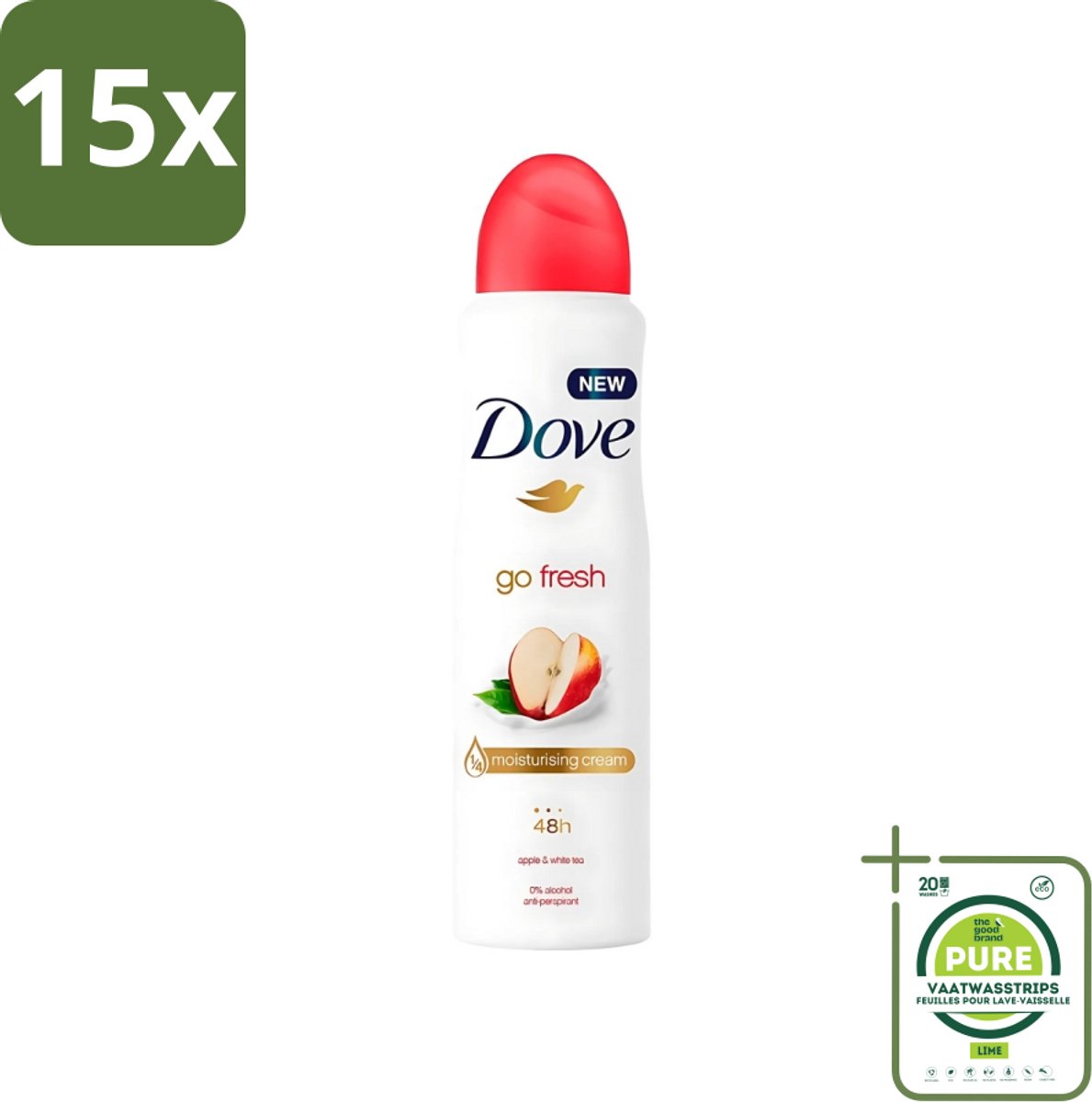 15 x Dove - Deodorant - Go Fresh Apple & White Tea - Verfrissend en fruitig - 250 ml - Grootverpakking - Dove Go Fresh Apple & White Tea - Deodorant Spray - Fris Geur - Zweet En Geur Bescherming - Alcoholvrije Deodorant