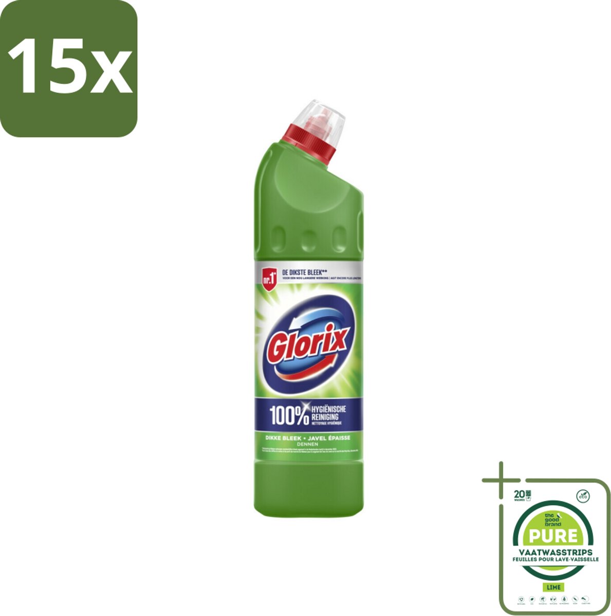 15 x Glorix - Bleek - Dennen - Bescherming tegen Kalkaanslag - 750 ml - Grootverpakking - Toilet Reinigen - Kalkaanslag Voorkomen - Hygiëne - Frisse Geur - Vuil Verwijderen