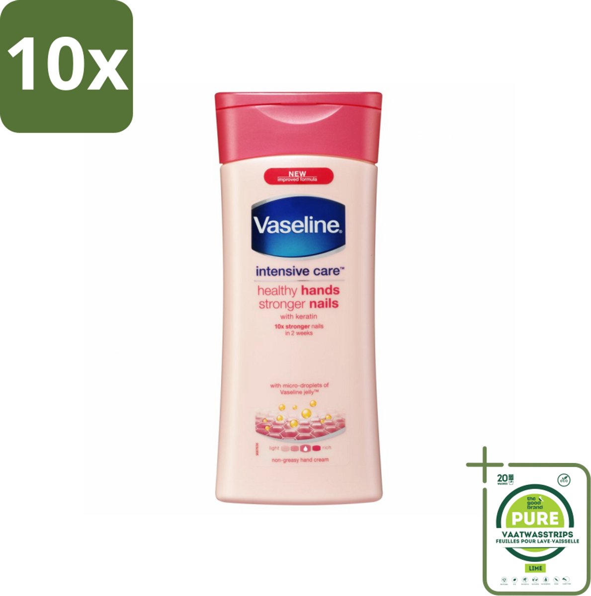 10 x Vaseline Handcreme Healthy Hands & Stronger Nails 200 ml - Grootverpakking - Handcrème - Nagelversterking - Keratine - Hydratatie - Handverzorging