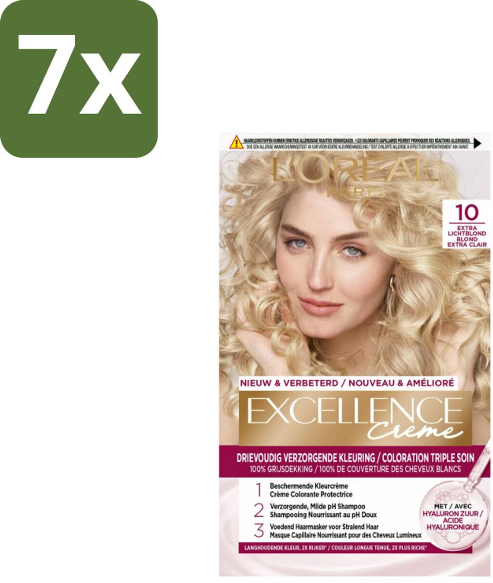 7 x L'Oréal Excellence Crème Permanente Crèmekleuring 10 Extra Lichtblond - Haarverf - Grijsdekking - Permanente Haarkleuring - Crèmekleuring - Haarverf Grijsdekking