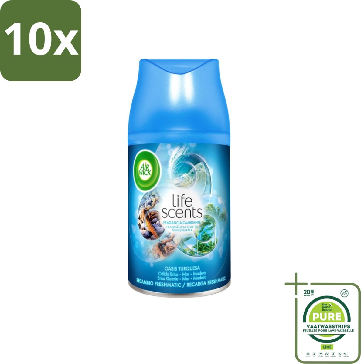 10 x Air Wick - Luchtverfrisser Navulling - Turquoise Oase - Automatische Spray - 250 ml - Grootverpakking - Geurverspreiding - Tropische Geur - Drijfhout - Zeenevel - Bries