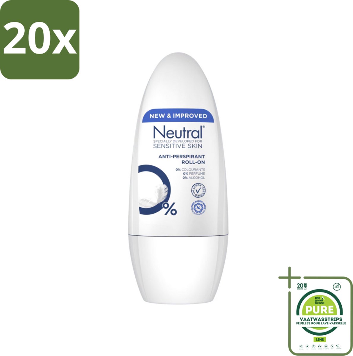 20 x Neutral - Deodorant Roller - Gevoelige Huid - Anti-perspirant - 0% Parfum, Kleurstof & Alcohol - 50 ml - Grootverpakking - Gevoelige Huid - Anti-perspirant - Deodorant Roller - Biologisch Afbreekbaar - Milieuvriendelijk