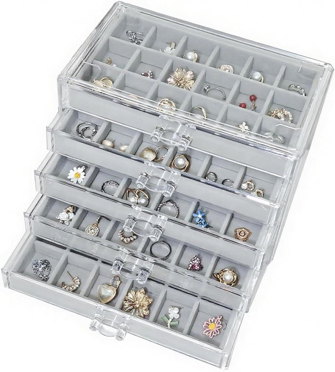 Sieradendoos - Organizer met lades - Sieraden opbergen - 5 niveaus met 90 vakken - 24 cm breed - Grijs