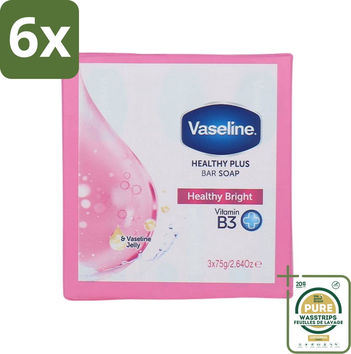 Vaseline - Healthy Bright - Zeeptablet - Reinigend & Verzorgend - 3x75 ml - Voordeelverpakking - 6 stuks - Reiniging - Gezondheid