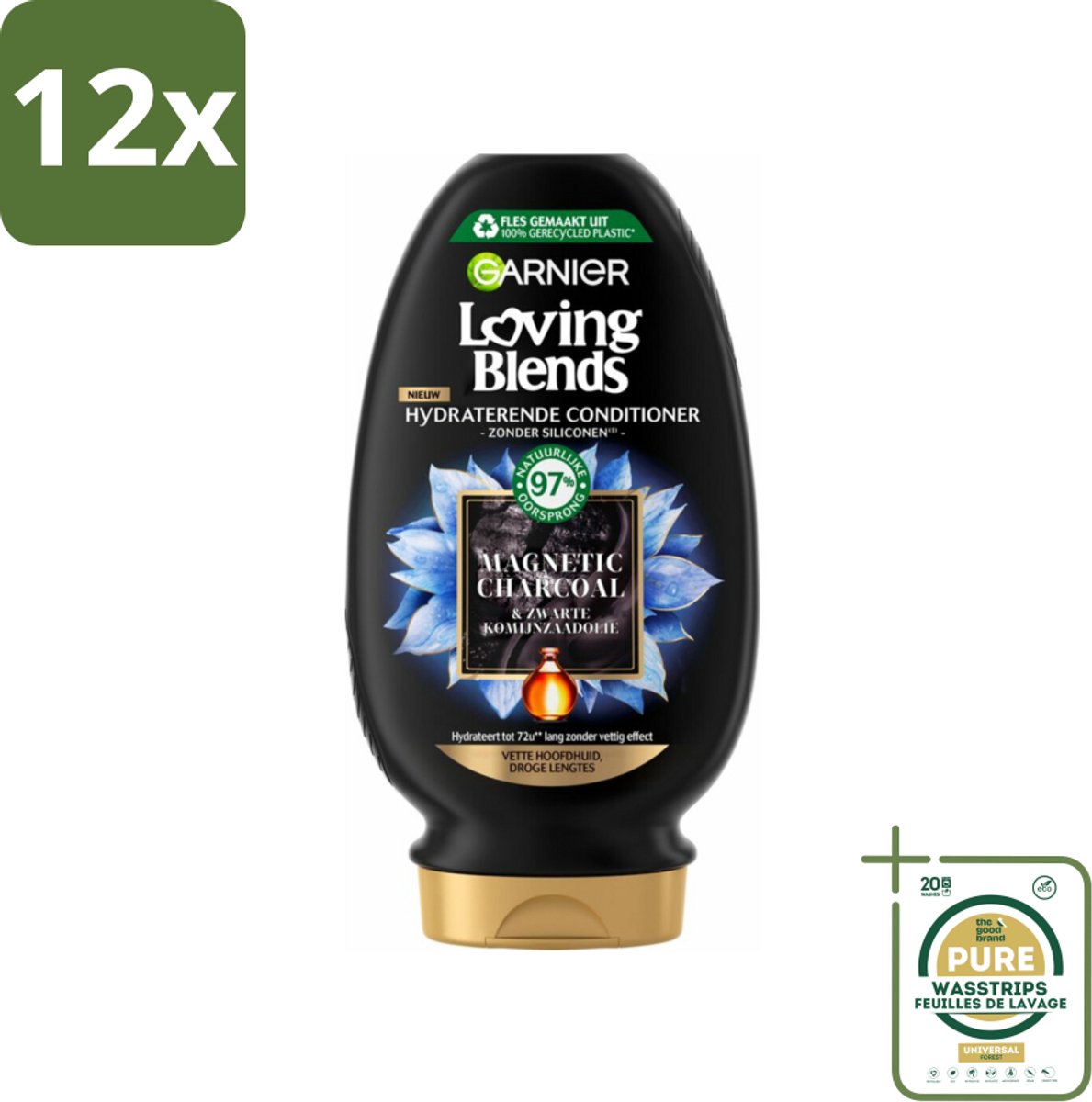 Garnier Loving Blends Magnetic Charcoal Conditioner 250 ml - Voordeelverpakking - 12 stuks - Conditioner - Zuiverende conditioner