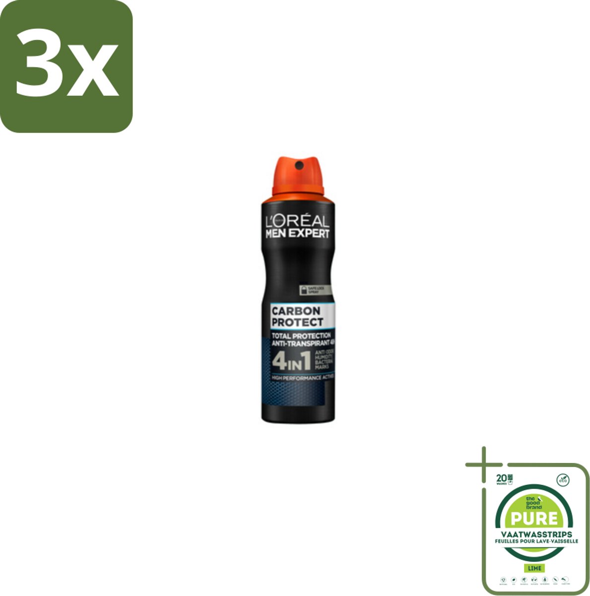 3 x L'Oréal Men Expert Deodorant Spray Carbon Protect 150 ml - Grootverpakking - Deodorant Spray - Anti-geur - Anti-vocht - Anti-bacterie - Vlekken Op Kleding