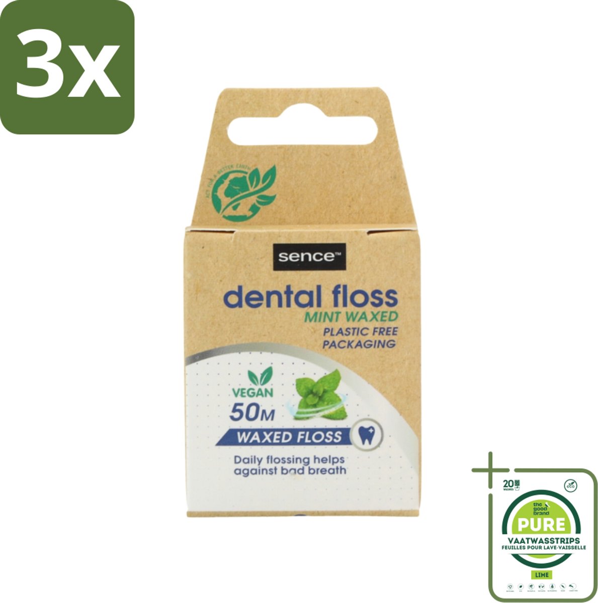 3 x Sence - Fresh Mint - Flosdraad - Verfrissend - 50 meter - Grootverpakking - Flosdraad - Mondhygiëne - Tanden Reinigen - Tandplak Verwijderen - Frisse Mond