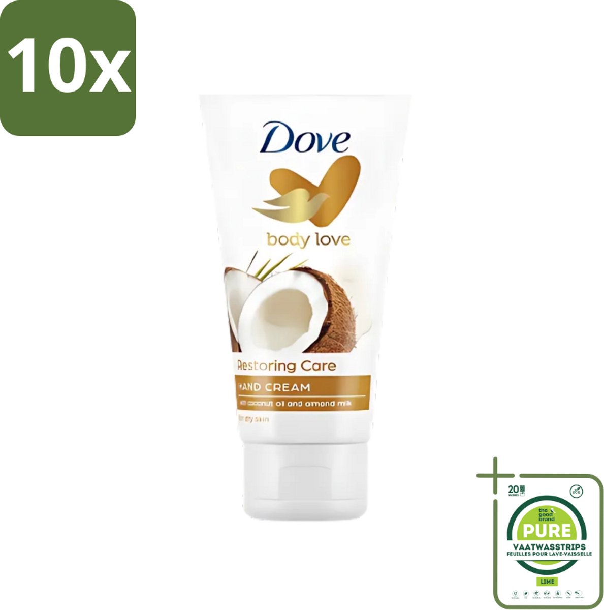 10 x Dove - Handcrème - Body Love Restoring Care - Kokos & Almond - Hydraterend - Droge huid - 75 g - Grootverpakking - Handcrème - Handverzorging - Droge Huid - Hydraterende Crème - Kokos En Amandel
