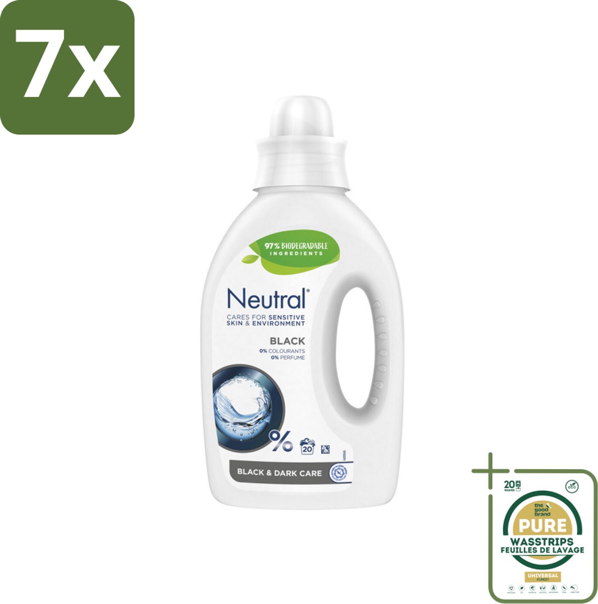 7 x Neutral Vloeibaar Wasmiddel Zwart 20 Wasbeurten 1 liter - Grootverpakking - Donker Was - Zwart Was - Parfumvrij Wasmiddel - Gevoelige Huid - Hypoallergeen Wasmiddel
