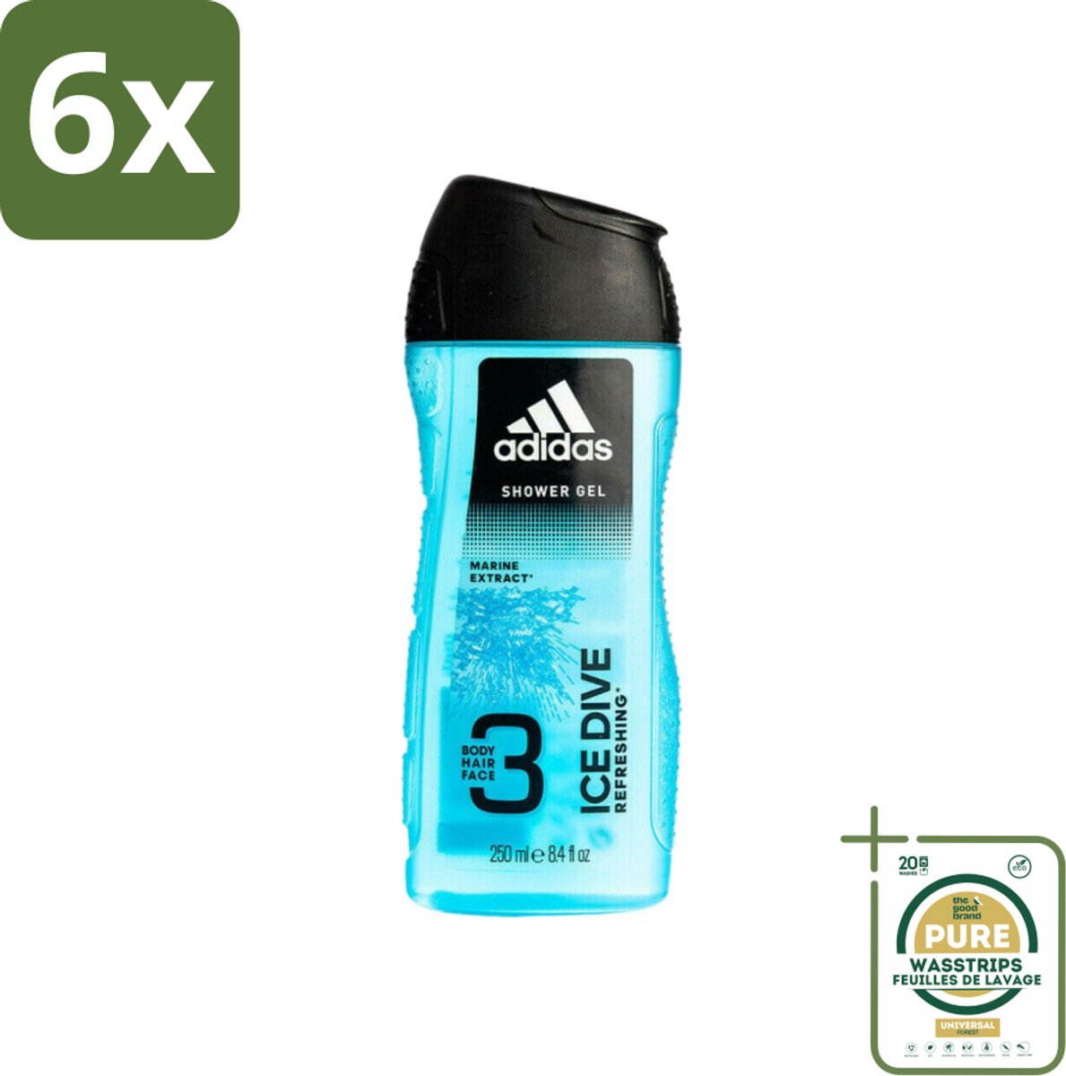 Adidas - 3-in-1 Douchegel - Ice Dive Refreshing - Marine Extract - 250 ml - Voordeelverpakking - 6 stuks - 2-in-1 - Lichaam en haar