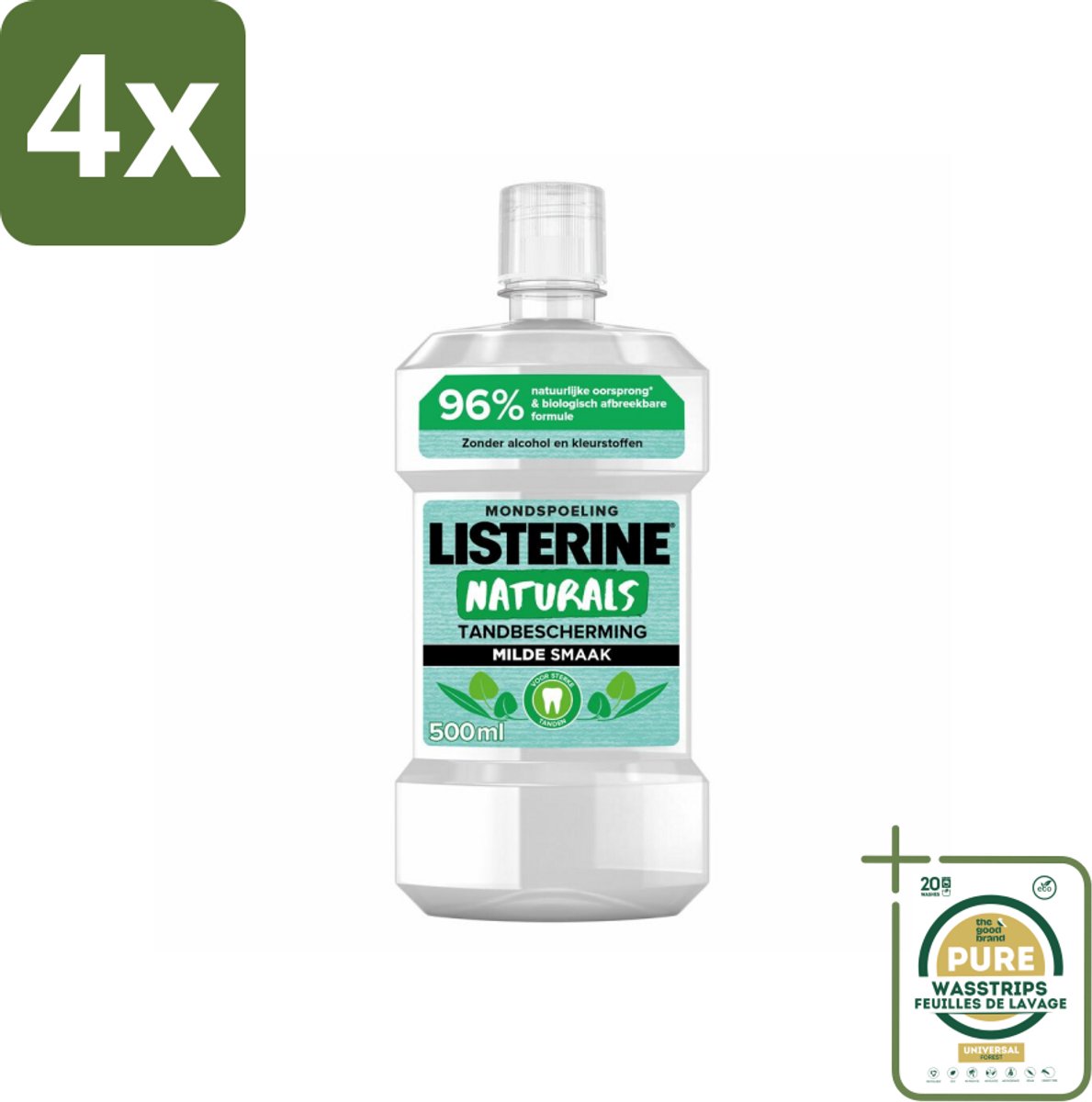 Listerine Naturals Mondwater Tandbescherming 500 ml - Voordeelverpakking - 4 stuks - Tandbescherming - Natuurlijk mondwater