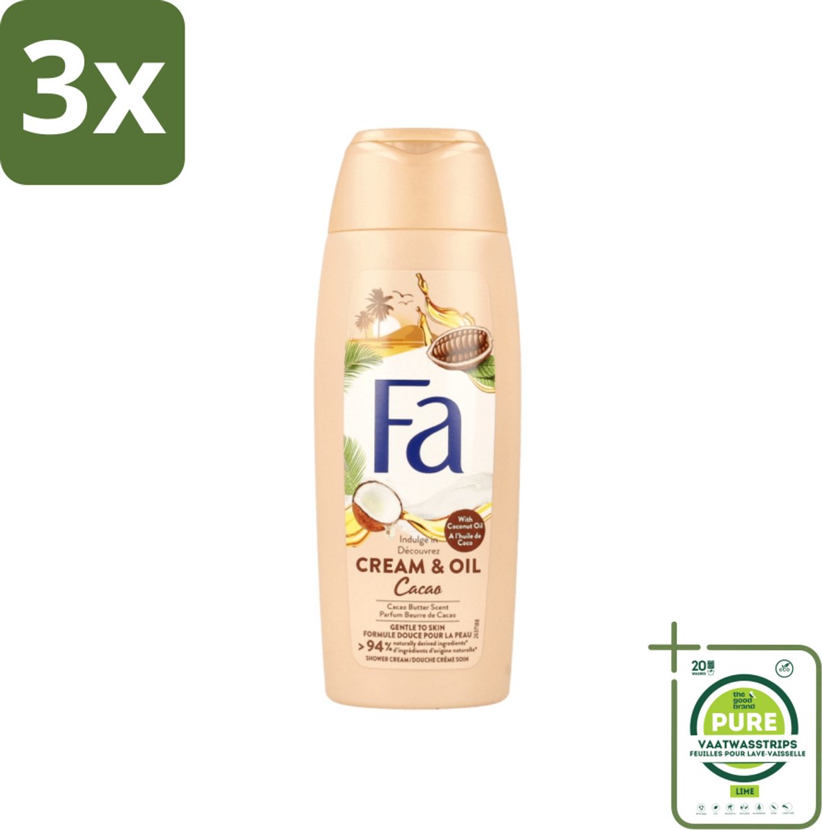 3 x Fa - Douchecrème - Room & Olie Kokosnuss Kakaoboter - Verzachtend & Voedend - 250 ml - Grootverpakking - Douchecrème - Natuurlijke Douchecrème - Verzorgende Douche - Cacaoboter - Kokosnoot
