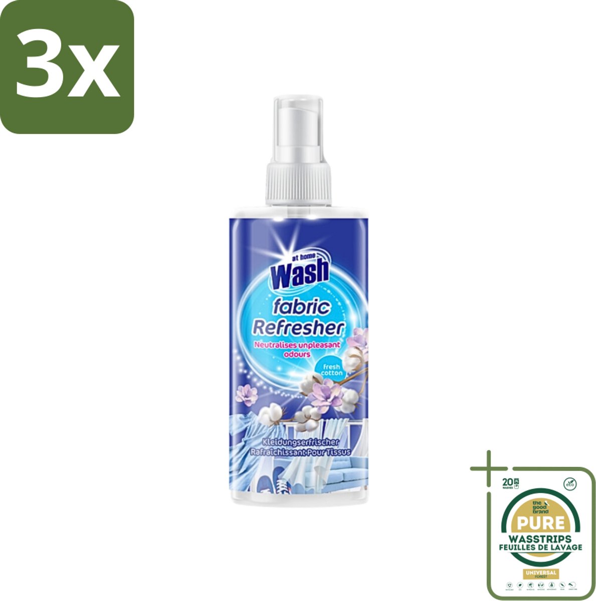 3 x At Home - Wash - Textielverfrisser - Fresh Cotton - Neutraliseert Onaangename Geuren - 300 ml - Grootverpakking - Textielverfrisser - Katoengeur - Geur Neutraliseren - Kleding Verfrissen - Stoffen Verfrissen